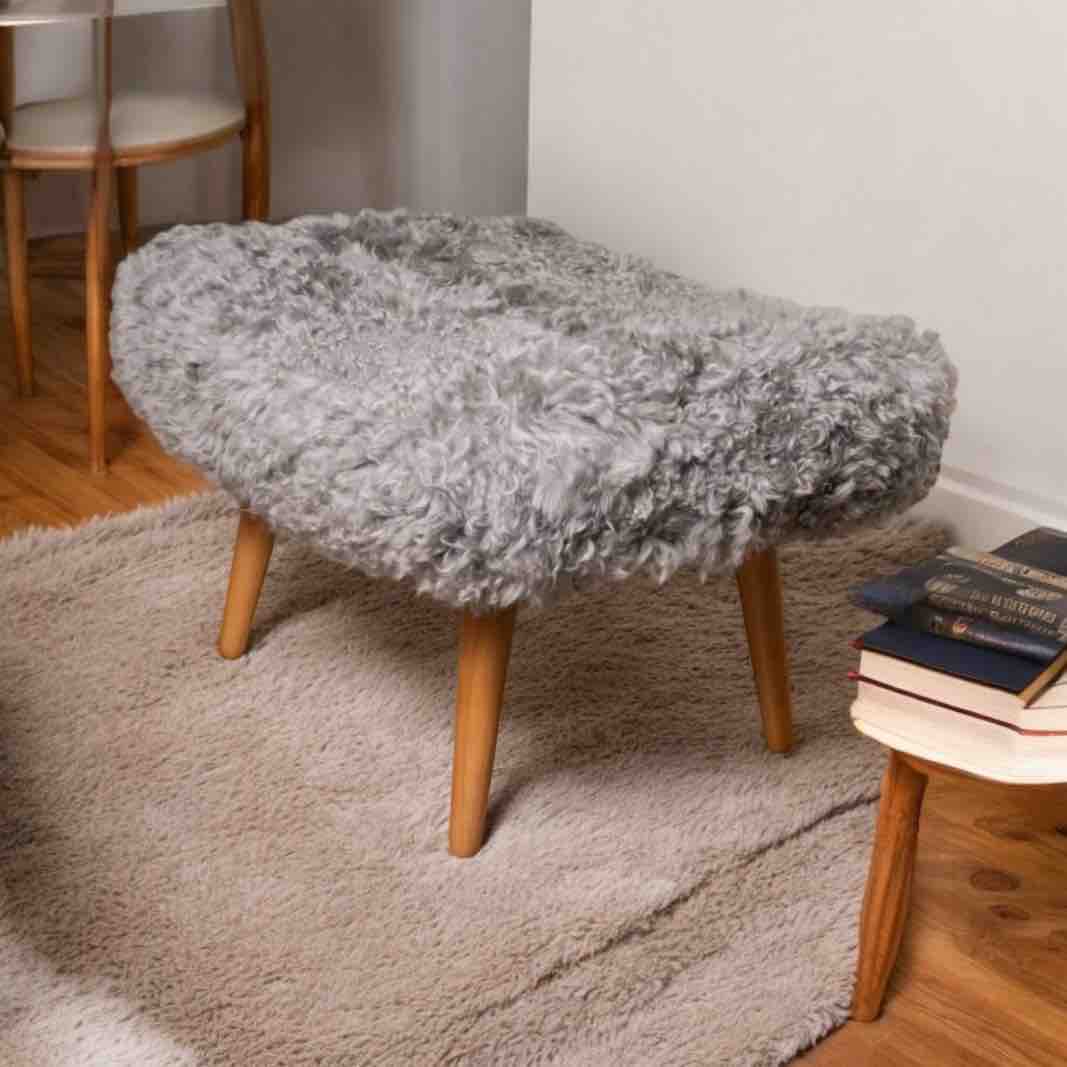 Grey Shearling Sheepskin Stool