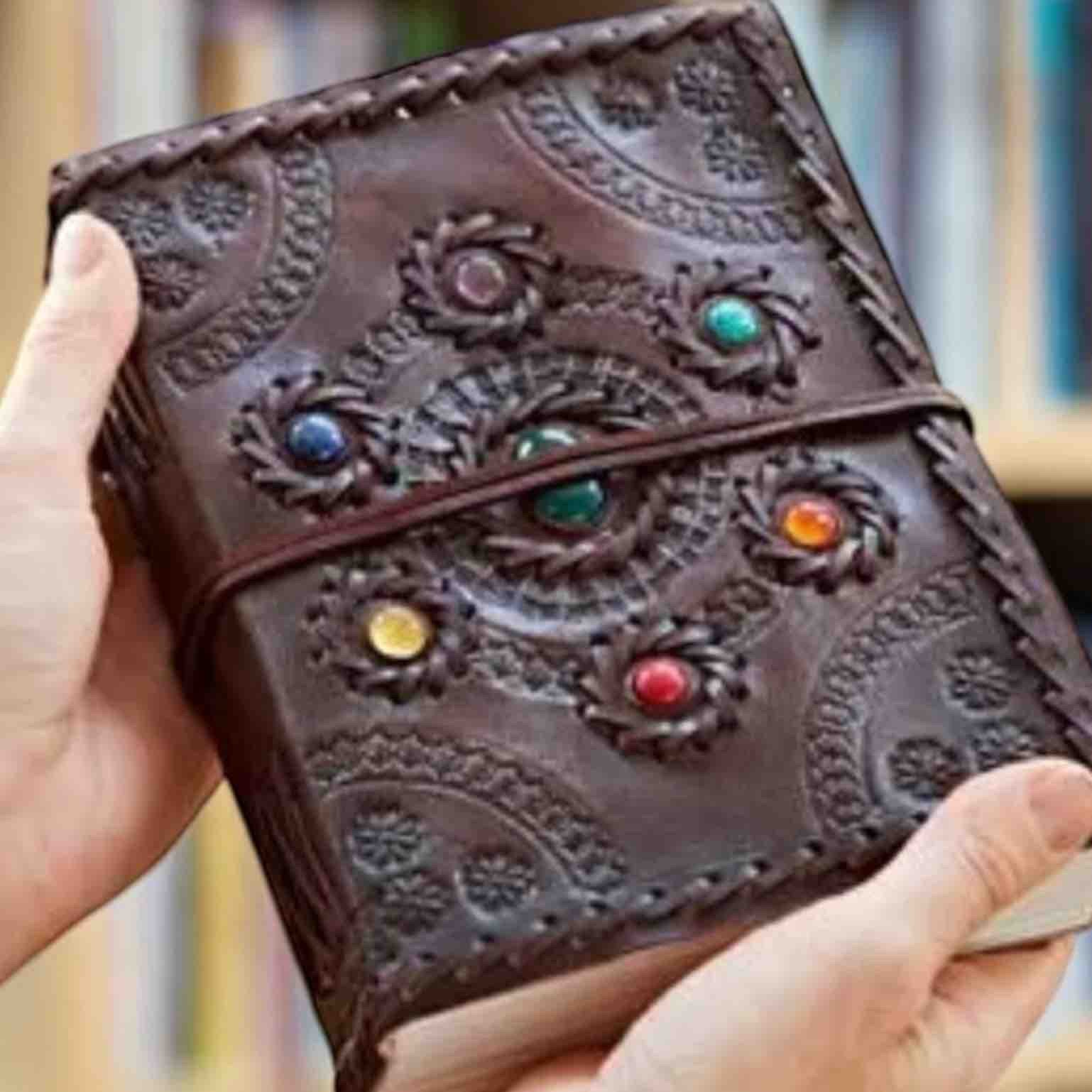 Stitched Leather Journal with Semi Precious Stones Chakra Circle