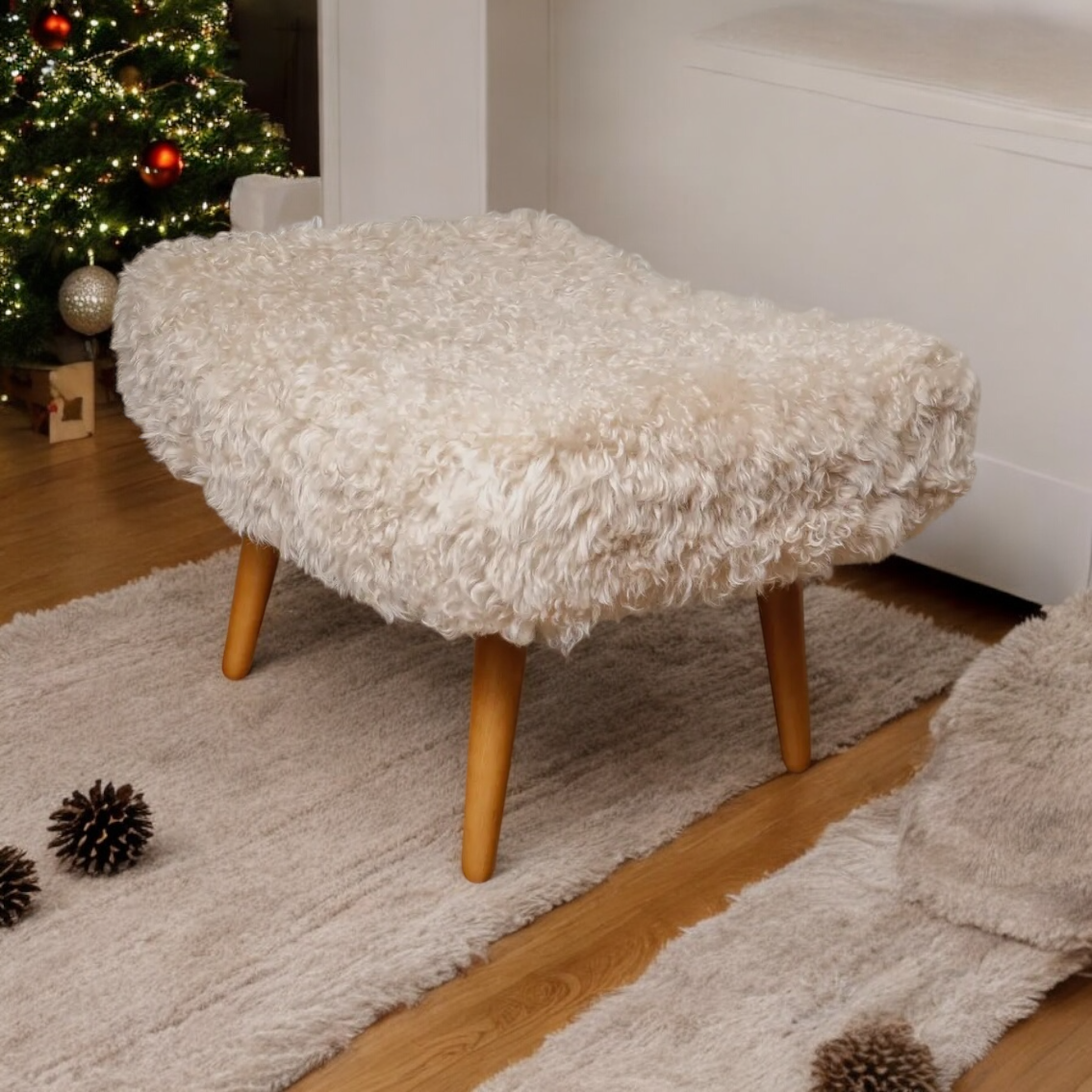 Beige Shearling Sheepskin Stool